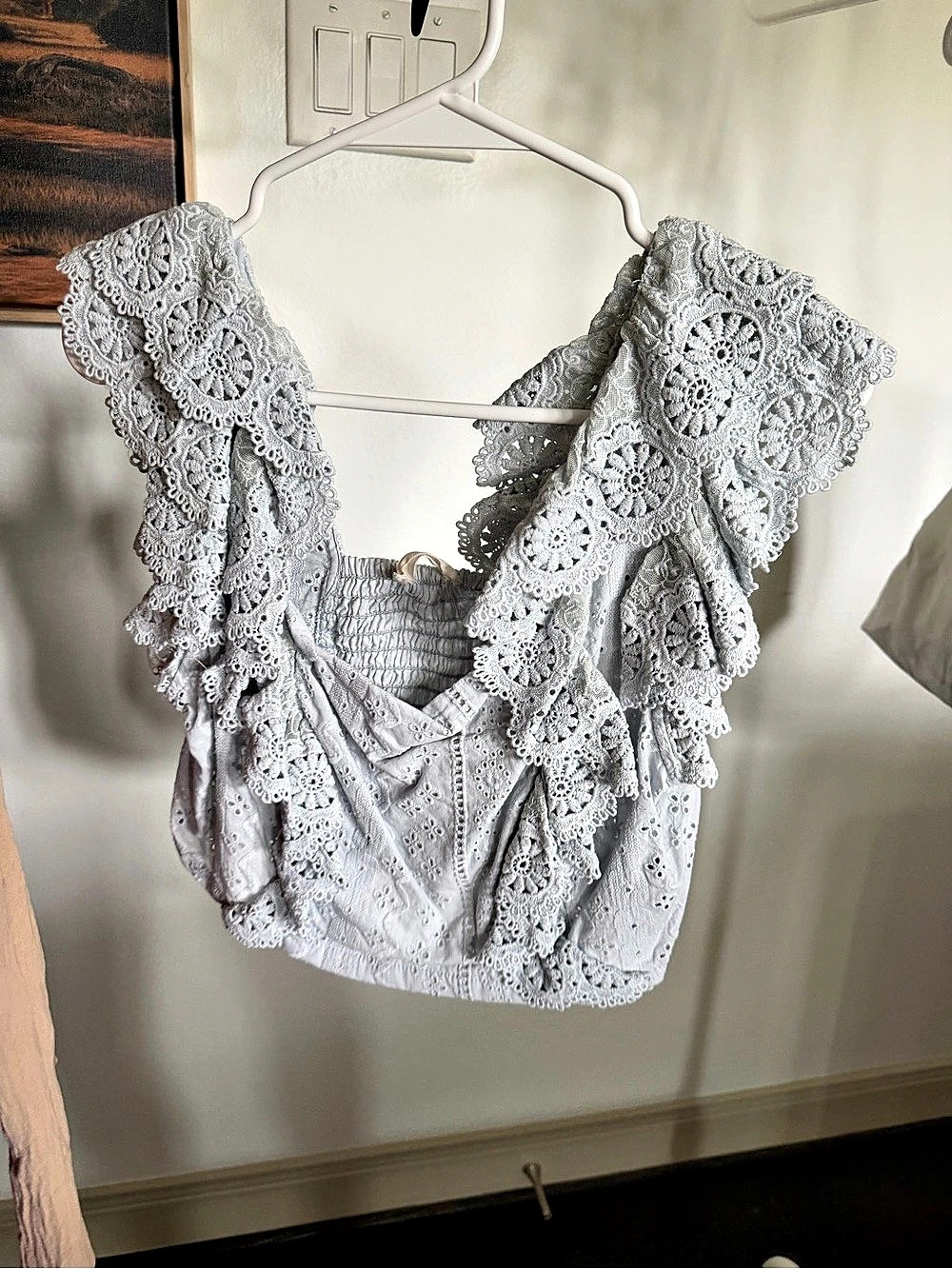 Gray Eyelet Lace Ruffle Sleeve Top - Picture 2 of 2